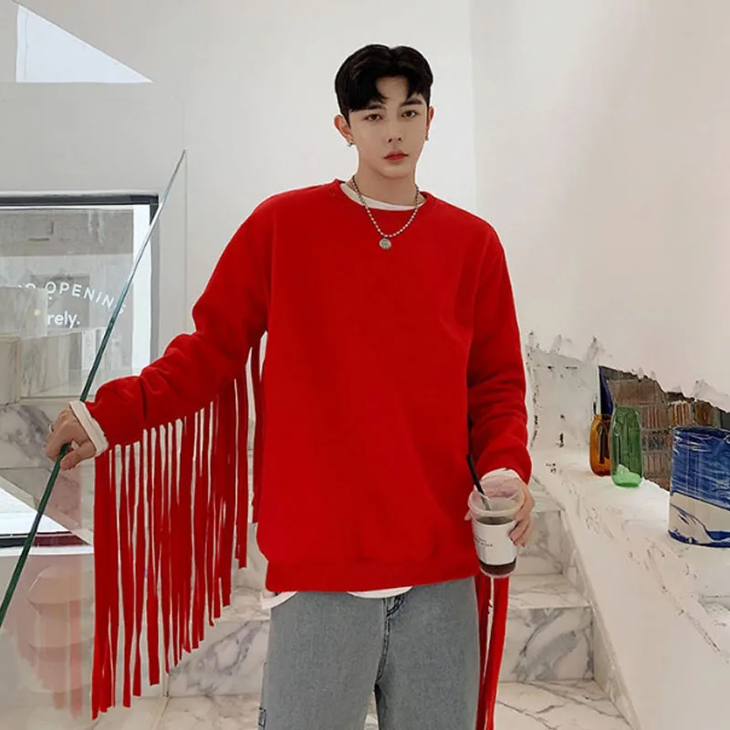 Men Long Tassle Pullover Sweatshirts Male Women Hip Hop Streetwear Casual Black Red Hoodie Stage Show Clothing