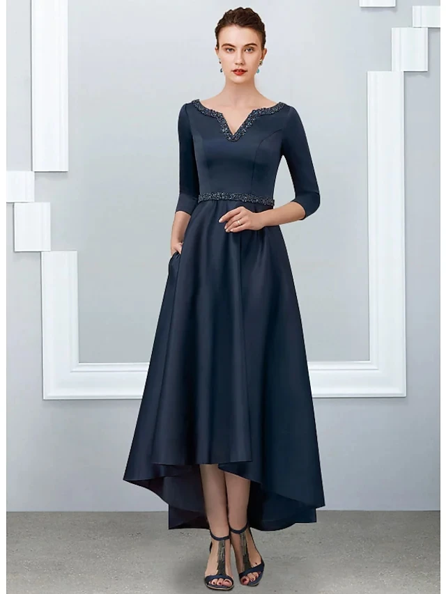 Elegant Dark Navy Hoge Lage Avondjurk V-hals Kralen Satin Half Sleeve Prom Party Gown Vestidos Fiesta Robe De soiree