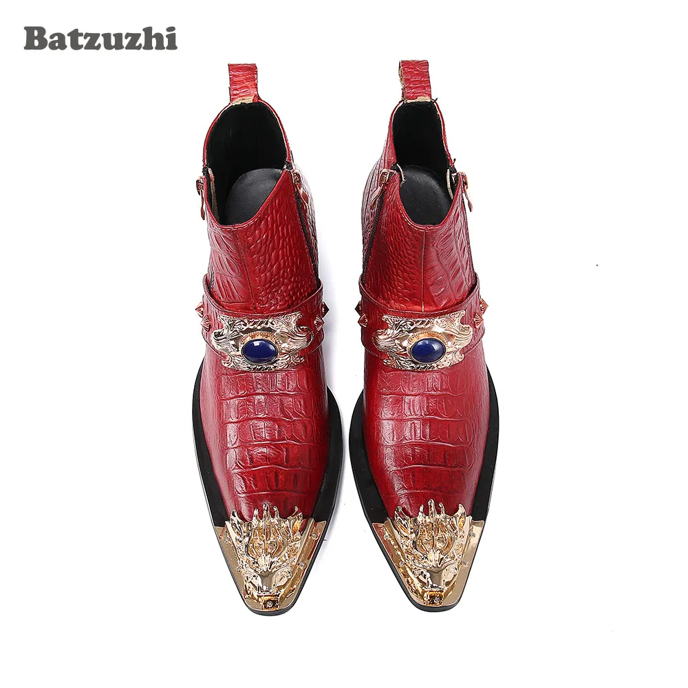 

NEW 2026 6.5cm High Heels Men's Boots Handmade Genuine Leather Ankle Boots Men with Golden Metal Toe for Business /Party Botas