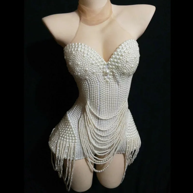 Combinaison Élégante à Franges et Perles Blanches pour Femme, Tenue de Soirée, Sexy, en Maille, Col Licou, pour Bal de Promo, DJ, Chanteur, Tenue de Scène