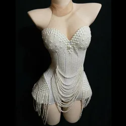 Elegante Perle Bianche Del Partito Della Nappa Delle Donne Della Tuta Sexy Della Maglia del Halter Frange Prom Tuta DJ Cantante Salopette Corte di Scena di Danza Abiti