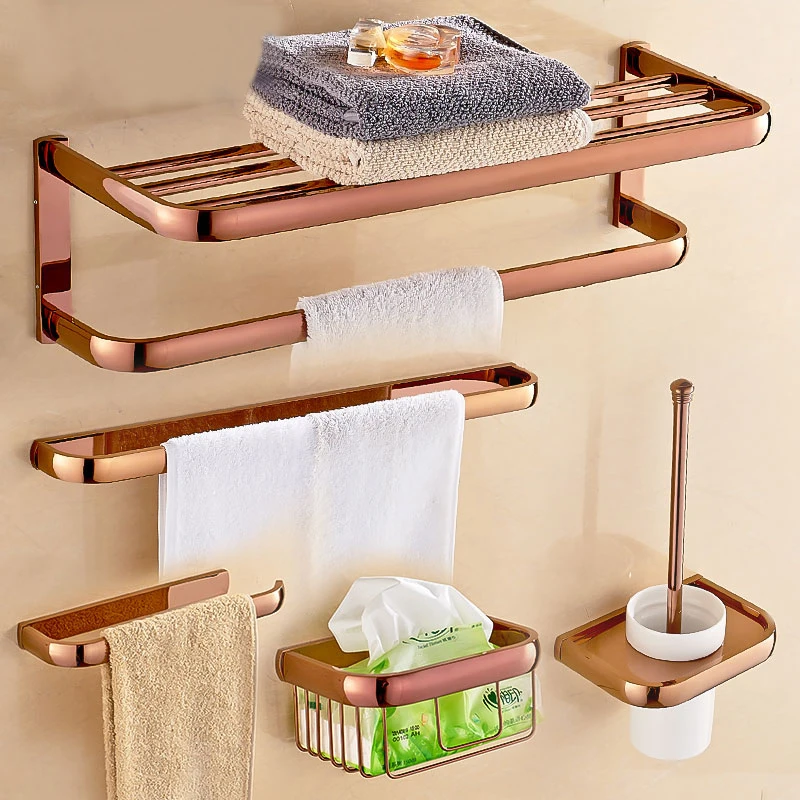 Rose Gold Color Brass Square Bathroom Accessories Towel Shelf Towel Holder Toilet Paper Holder Wall Mounted Bath Hardware Sets