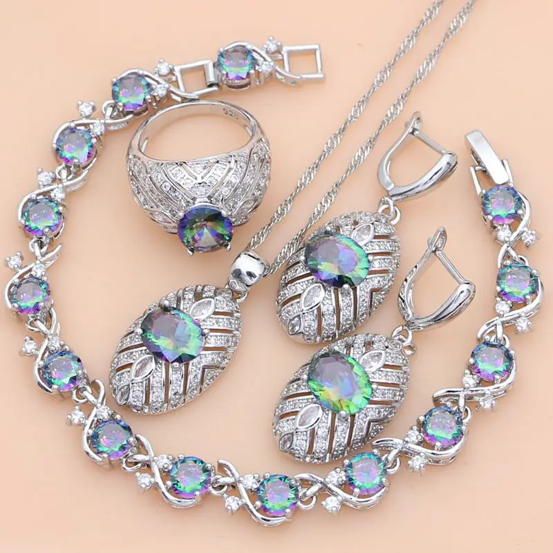 

925 Silver Jewelry Sets Mystic Rainbow Fire Cubic Zirconia Jewelry Kit For Women Earrings/Pendant/Rings/Bracelet/Necklace Sets