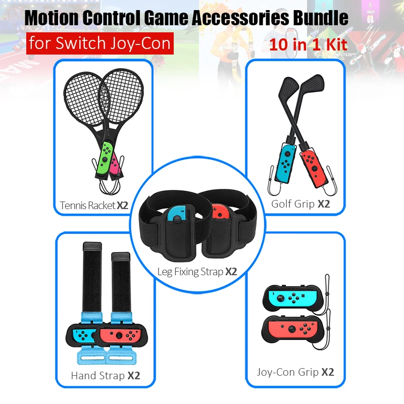 Accesorios de juego de Control de movimiento 10 en 1 para Nintendo Switch Golf Club, juego de pulsera de baile, raqueta de tenis para NS Switch OLED