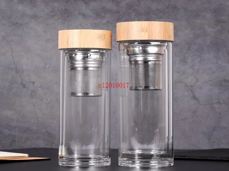 

450ml Bamboo Lid Water Cups Double Walled Glass Tea Tumbler With Strainer And Infuser Basket Glass Water Bottles