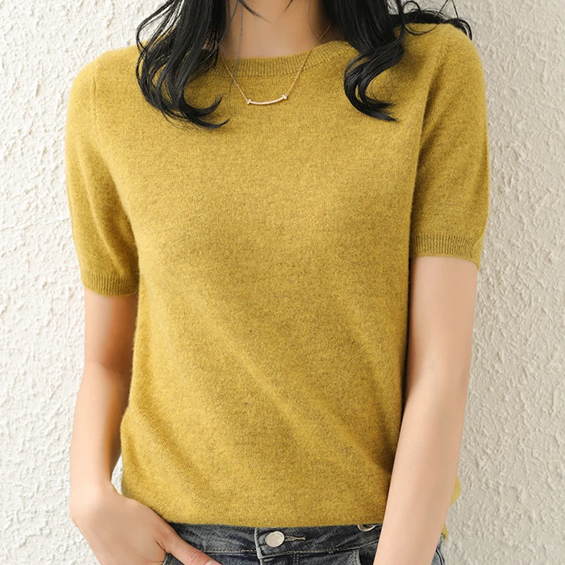 beliarst Spring and summer new short-sleeved women O-neck slim 100% pure wool pullover vest T-shirt knitted base sweater