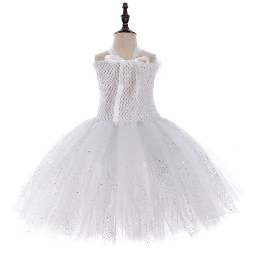 Silver Sequins White Angel Wings Tutu Dress for Girls Princess Christmas New Year Costumes Kids Girl Fairy Dresses for Birthday