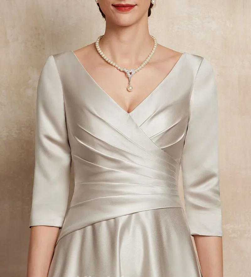 Elegant Champagne V-neck Tea-Length Mother of the Bride Dress Ruffles Satin Bridal Party Gown Customed Plus Size 2023