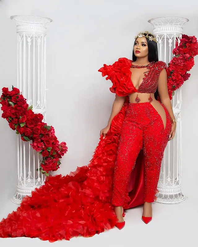 Aso Ebi Jumpsuit with Wrap Red Prom Dresses Crystals Pant Suit Ruffle Party Second Reception Gowns Plus Size Evening Dress