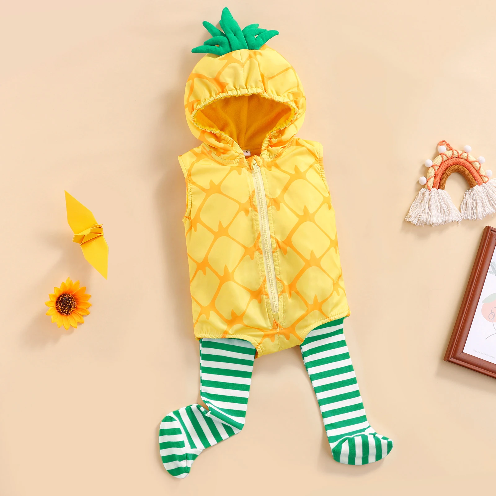 Lovely Cute Baby Romper Clothes Set Pineapple Shaped Stage Performance Zip-up Hooded Romper+Striped Stockings Girls Boys Costume