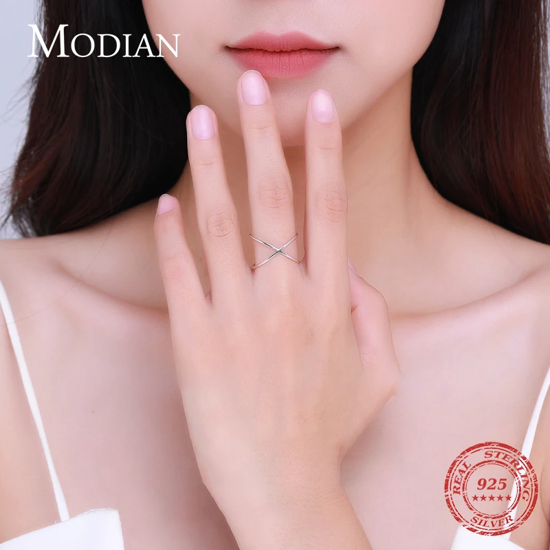 Modian 100% 925 Sterling Silver Line Fashion X Shape Adjustable Free Size Finger Rings For Women Girls Luxury Fine Jewelry Gifrs