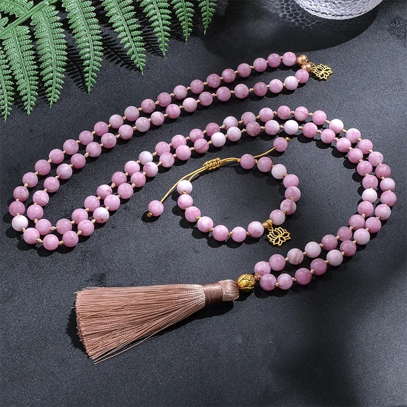 108 8mm Kunzite Beaded Knotted Japamala Necklace Meditation Yoga Spirit Jewelry Bracelet Set Tassel Golden Lotus Charm for Women