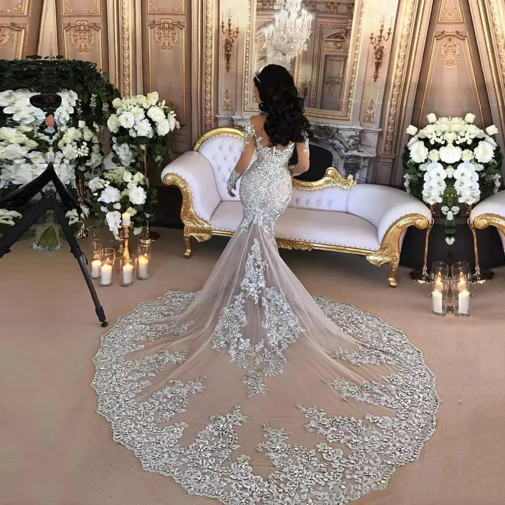 Arabisch Aso Ebi Meerjungfrau Brautkleider sexy bling Perlen Applikationen Brautkleider High Neck Illusion lange Ärmel Frauen Kleidung