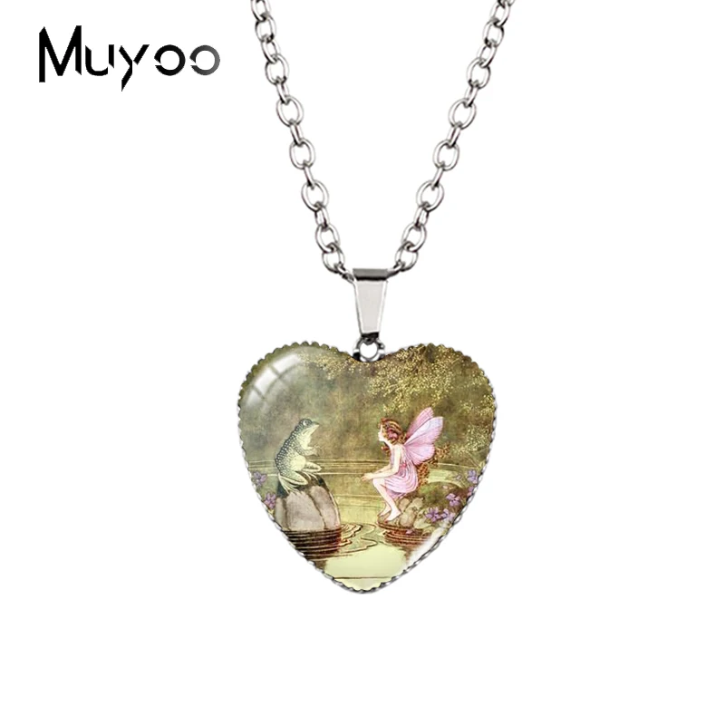 2021 New Vintage Fairy Stories Girls and Frogs Mushroom Oil Paintings Glass Cabochon Heart Pendants Handcraft Necklace HZ3