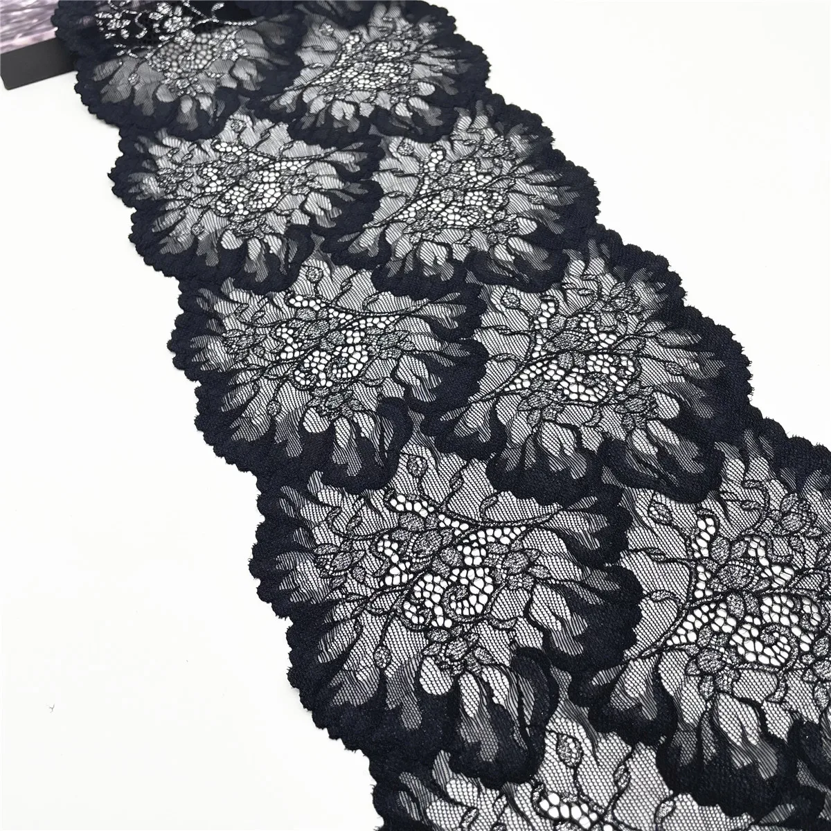 3y/lot Width7 7/8 inch (20cm) Black With Silver Elastic Lace Trim For Skirt Hem Clothes Sewing Material DIY Apparel Dress Fabric