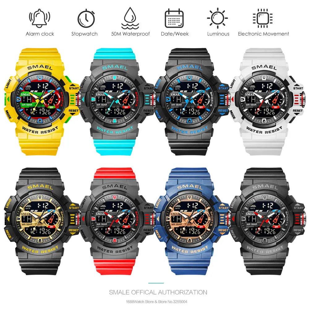 SMAEL Yellow Sports Electronic Digial Watches Men Alarm Clock Dual Time Watch часы мужские relogio masculino reloj hombre montre