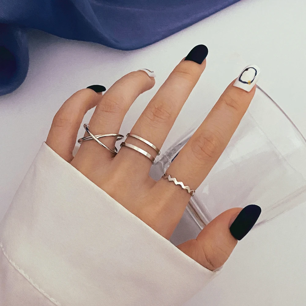 KISSWIFE Punk Silver Color Simple Metal Finger Rings For Women Girls Love Couple Rings Set For Teens Fashion Jewelry Gifts