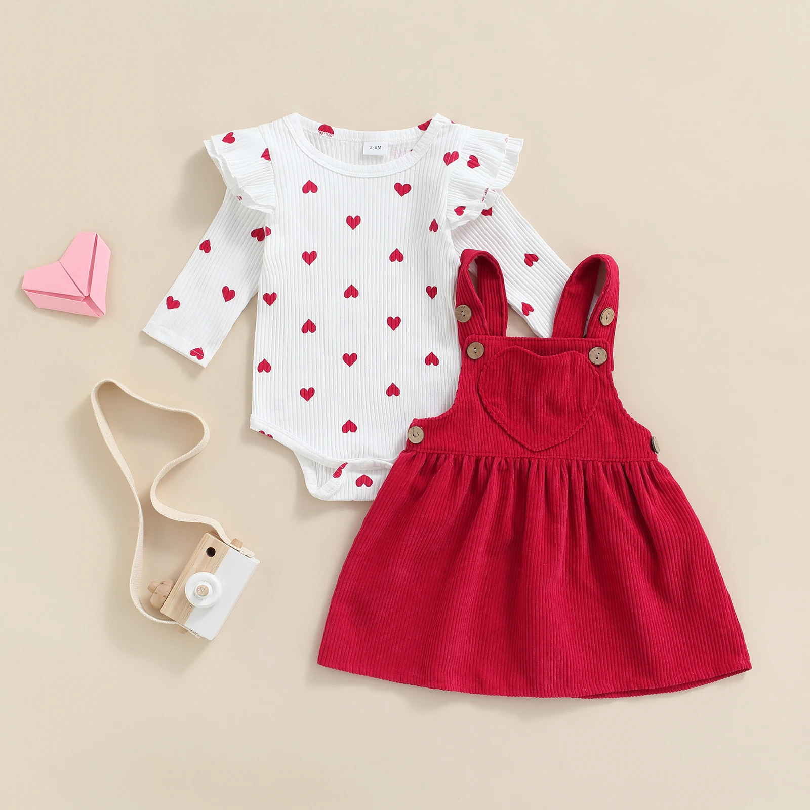 Lioraitiin 0-18M Newborn Infant Baby Girl\'s 2Pcs Suit Heart Pattern Ruffle Long Sleeve Round Neck Romper Suspender Skirt