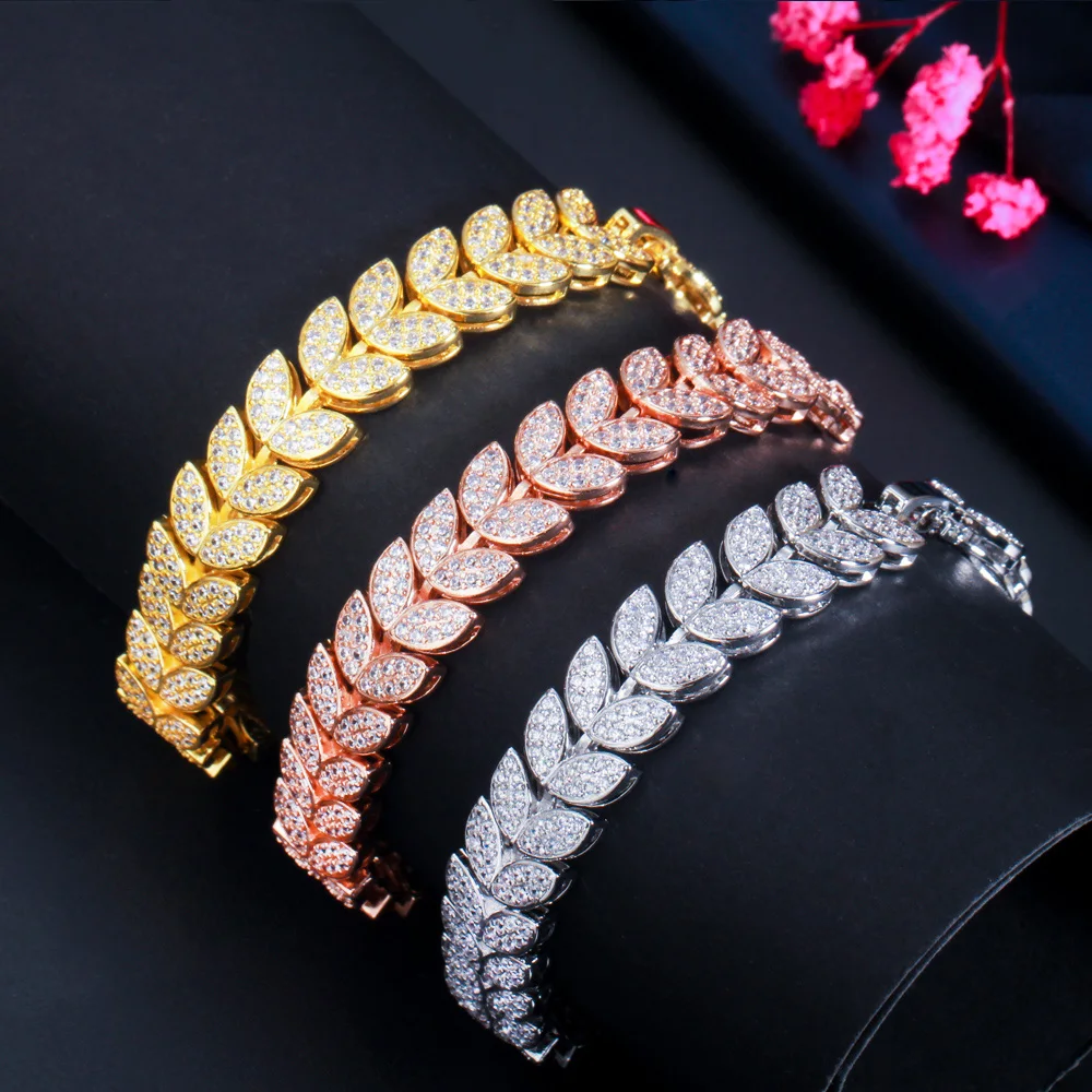 CWWZircons Luxury Fashion Leaf Shape Micro Pave Cubic Zirconia Stone Rose Gold Color Ladies Wedding Party Bracelets Bangle CB250