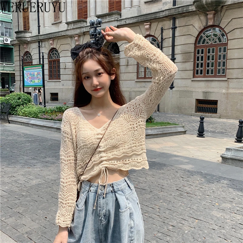 WERUERUYU 7 Colors Long Sleeve Hollow Out Sweater Women Thin Slim Tops Wild Korean Chic Sweet Candy Color Knit