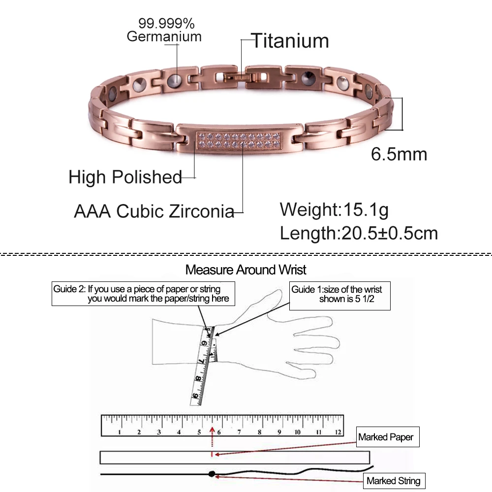 99.999%Ge Titanium Bracelets for Women AAA Zirconia Rose Gold-color Magnetic ID Bracelets Pure Cone-shape Germanium Bracelet