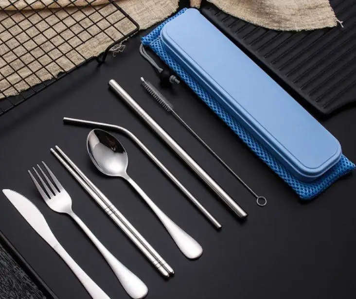 Stainless Steel Flatware Set Portable Cutlery Set For Outdoor Travel Picnic Dinnerware Set Metal Straw With Box And Bag Kitchen