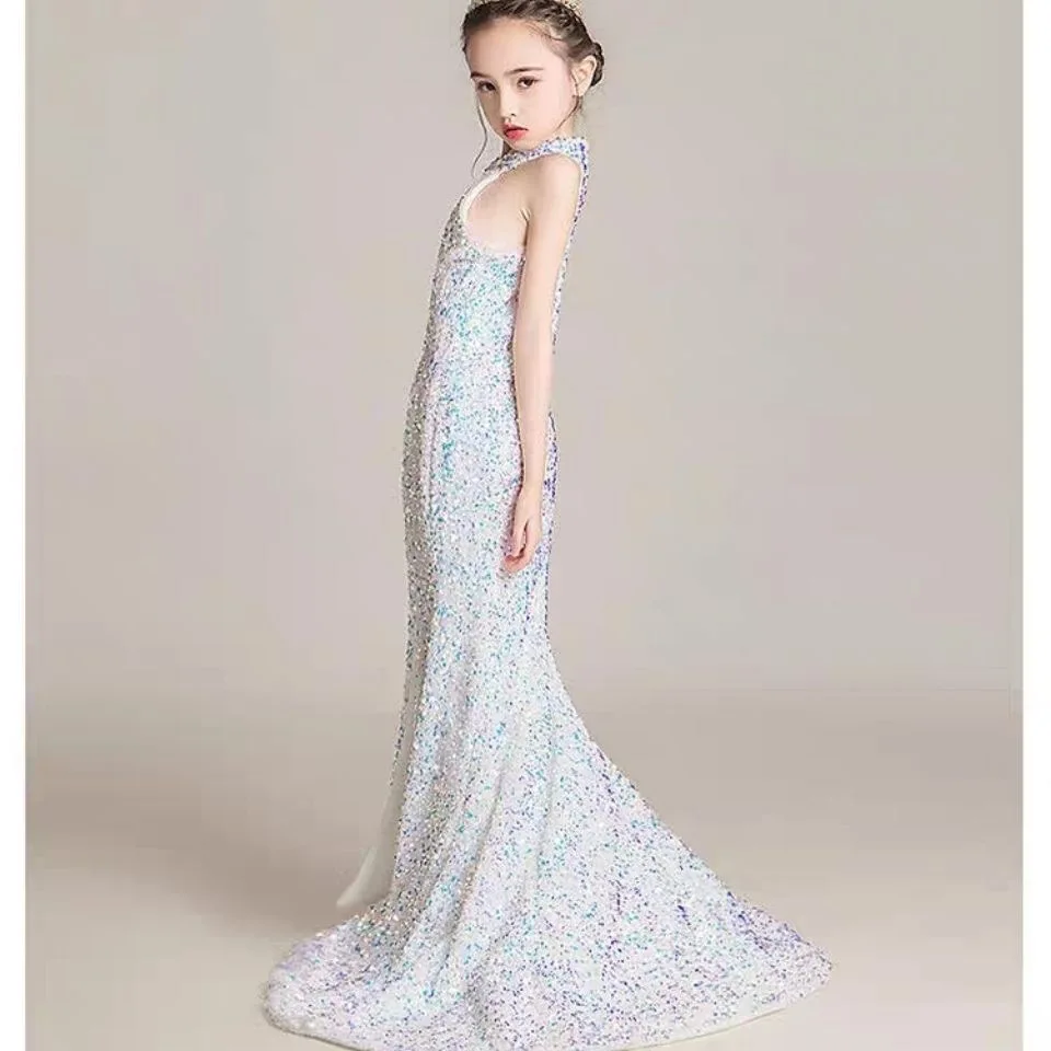 Sequin Kids Ball Gown Flower Girl Tailing Dresses Sleeveless Girl Princess Long Dresses for Kids Communion Wedding Party Clothes