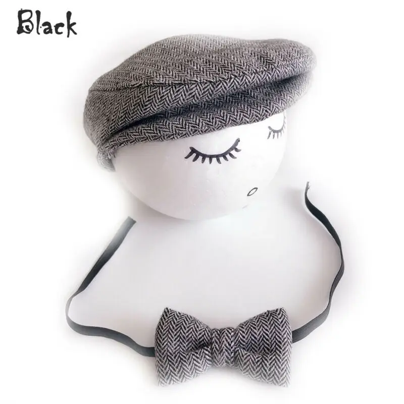 2020 Newborn Photo Props Baby Boys Beret Hat + Bow Tie Set Newborn Newborn Photography Props Gentleman Cap Photo Outfit