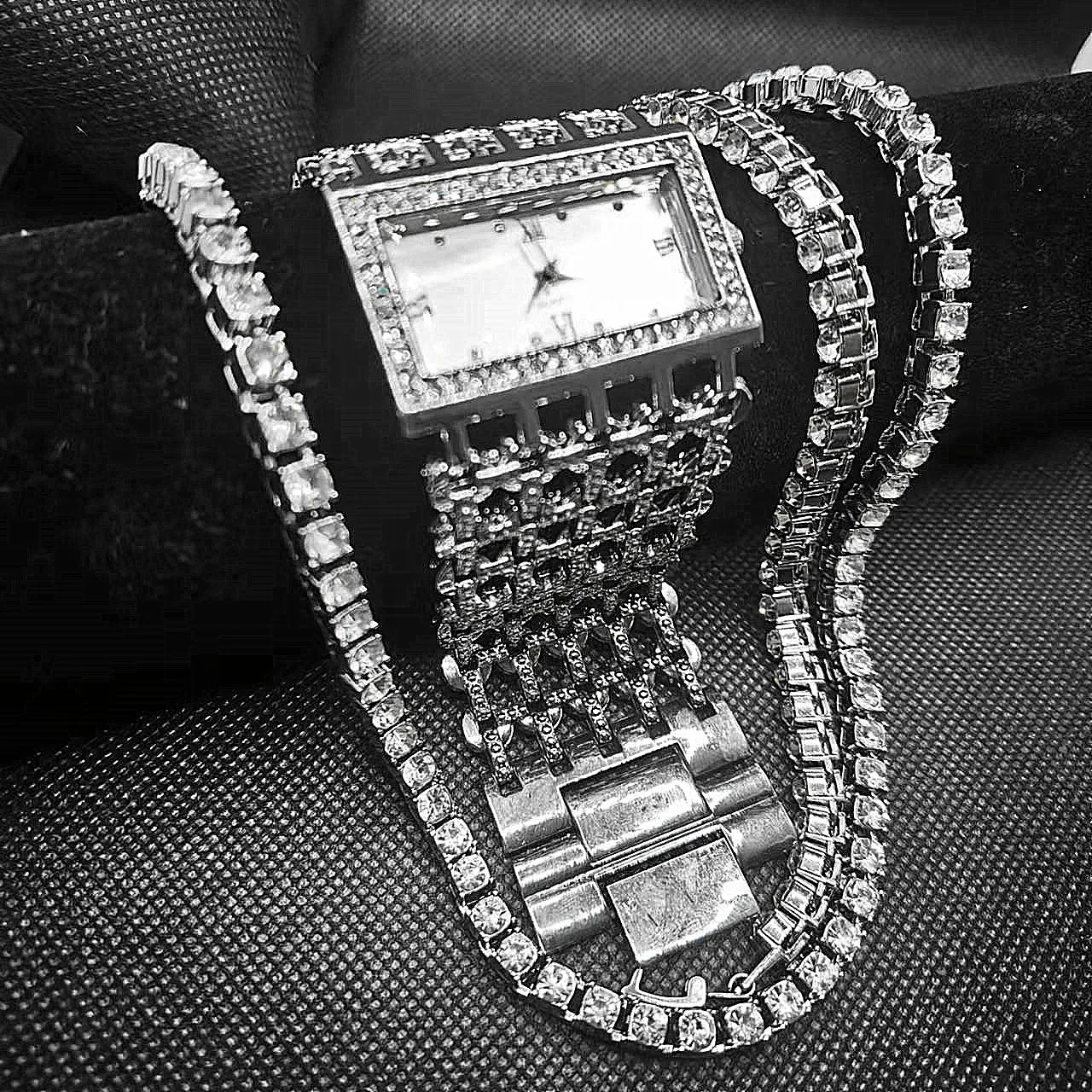 3pcs Set Iced Out Watches for Women Necklace Bracelet Rhinestone Choker Bling Bling Crystal Tennis Chains Women Jewelry Hip Hop