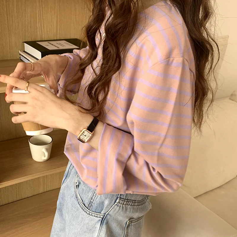 Women\'s Cotton Striped T-Shirt Top O Neck Loose Casual All-match T Shirts Female Long Sleeve Basic Fashion Korean New Tees Femme