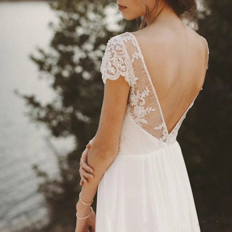 Abiti da sposa a maniche corte in pizzo con scollo a v Sexy 2021 abiti da sposa lunghi abiti da spiaggia su misura Boho abiti da matrimonio