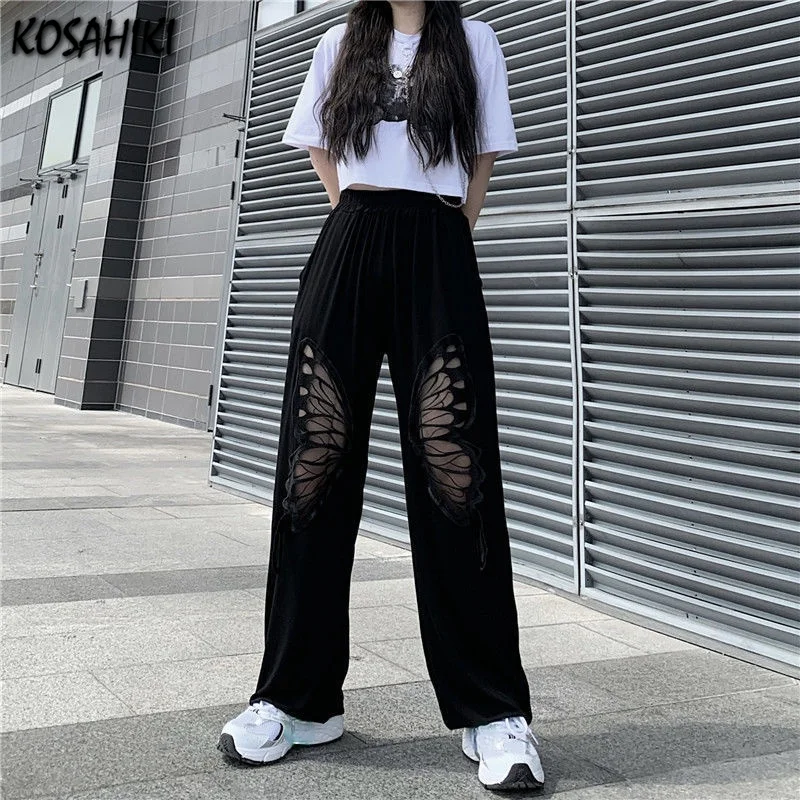 Kosahiki calças casuais femininas harajuku borboleta oco para fora calças sólidas 2025 cintura alta baggy adolescentes chique calça mujer all-match