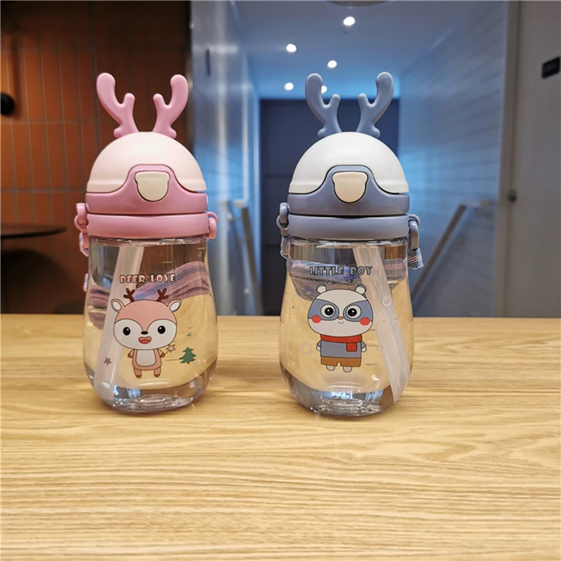 

480ml New Baby Cartoon Water Bottle Straw Cup Children Learn To Drink Cup Training Leak-proof And Drop-proof Strap Outdoor Cup