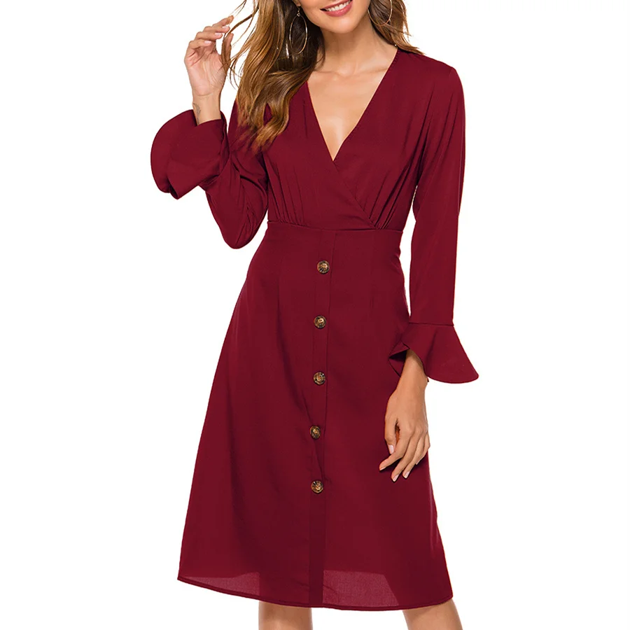 

Pdfmily 3 Colors Casual Dress 2019 Winter Autumn Women Sexy Solid Deep V-Neck Butterfly Sleeve Modern Stylish Midi Ladies Dress