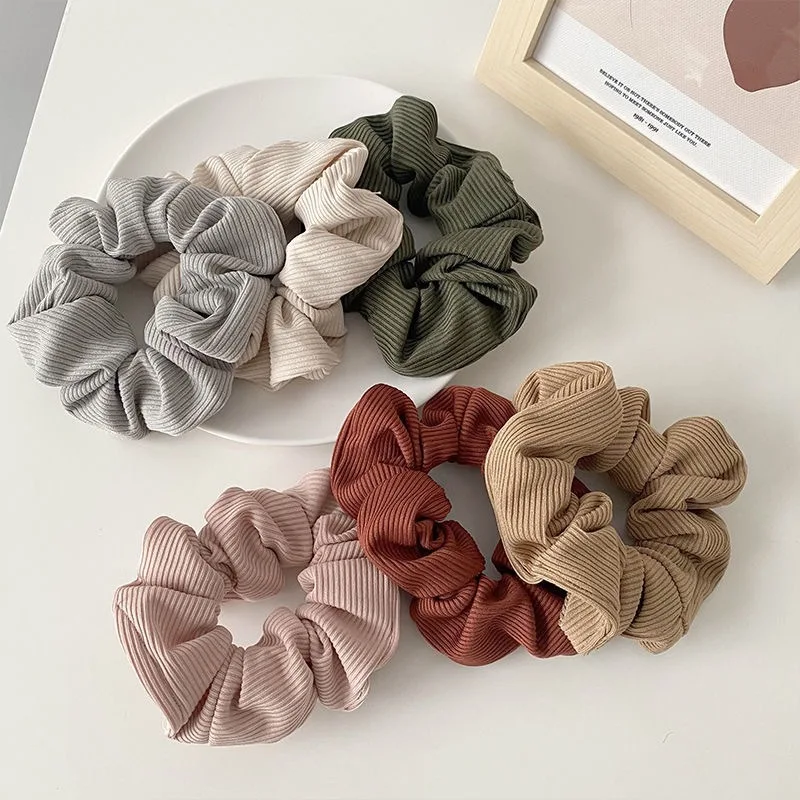 

New Autumn Winter Women Warm Knitted Big Hair Scrunchies Solid Soft Vintage Hair Gums Striped Fabric Rubber Bands For Hair Bun