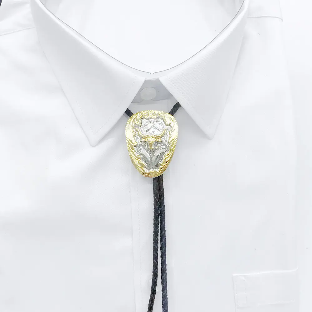 Western cowboy silver room gold two-color bull head polo tie zinc alloy leather rope fashion men and women clothing accessories