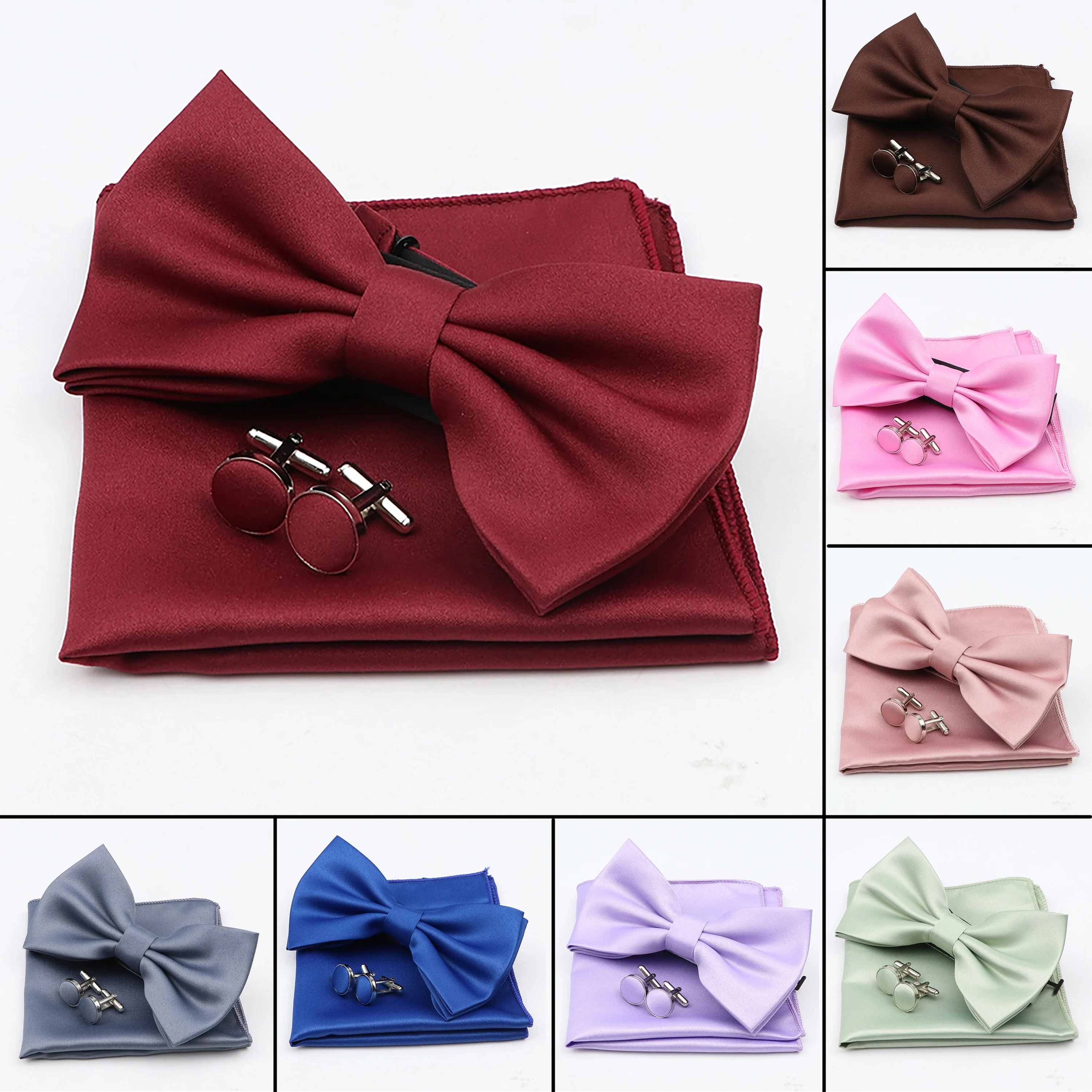 New Bright Color Men's Bowtie Handkerchief Brooch Set For Groom Best Man Purple Red Green Blue Wedding Party Ties Pocket Square