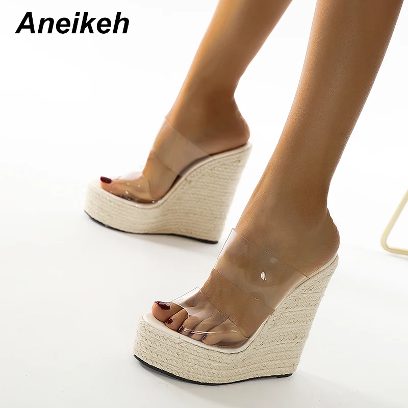 

Aneikeh 2024 Summer Women Shoes Slippers Slides PVC Concise Platform Wedges Slip-On Party Round Toe Size 35-42 White