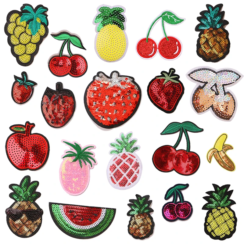 

2Pcs Cute fruit cartoon sequins icon Iron on Patches for Clothing DIY Stripes Clothes Patchwork Stickers Custom Badges