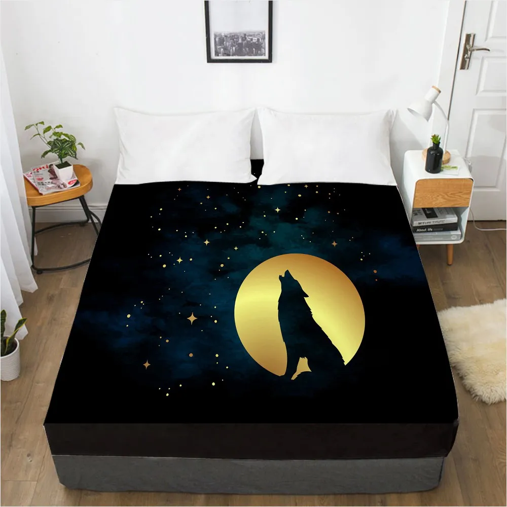 3D Printed Black Series Moon And Wolf Soft Fitted sheet With Elastic Band solid Bed Sheet Cover-Wrinkle Abrasion Resistant Sheet