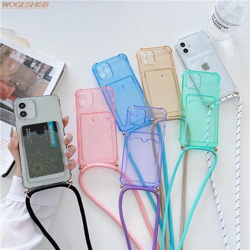 Transparent Wallet Case for iPhone 15 14 13 12 11 Pro Xs Max SE X XR 7 8 Plus Shockproof Card Crossbody Lanyard Rope Strap Cover