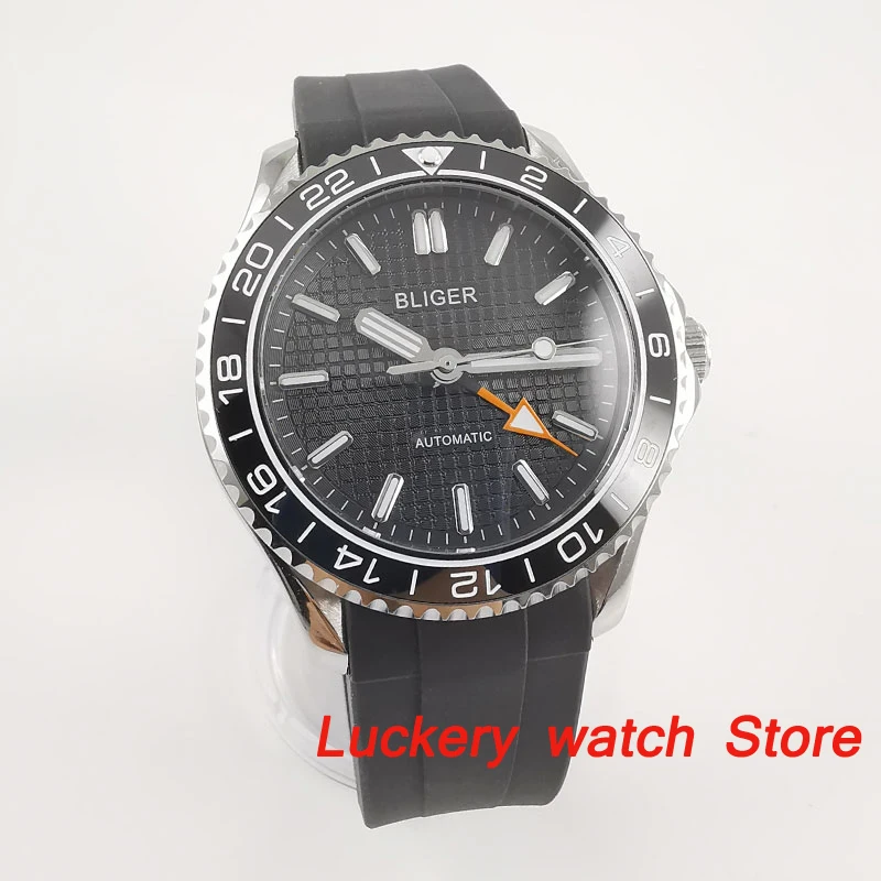 Bliger-41mm 럭셔리 GMT 시계, 블랙 다이얼, 사파이어 유리, 고무 스트랩, 스핀 베젤, GMT 자동 무브먼트, 남성용 시계