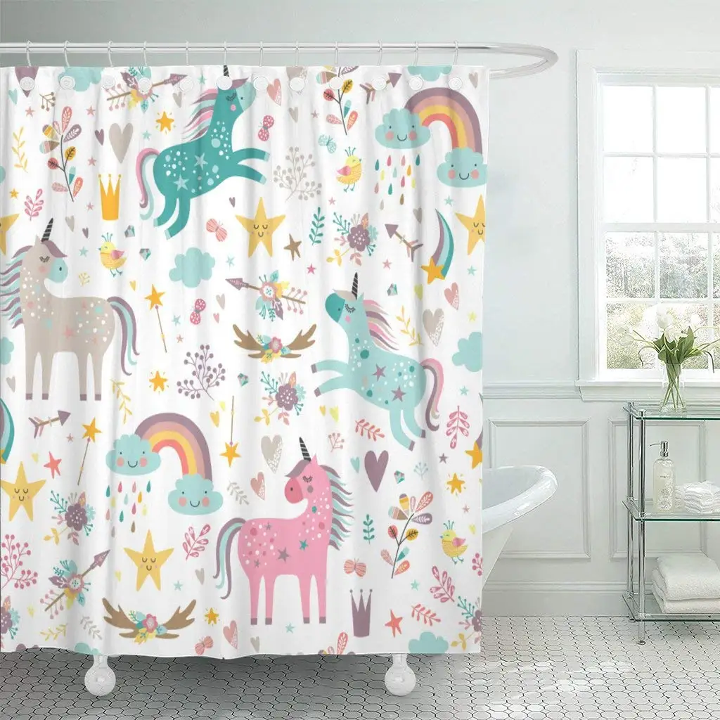 Blue Pattern Unicorns Pink Baby Girl Animal Arrow Beautiful Shower Curtain Waterproof Polyester Fabric 72 x 72 Inches with Hooks