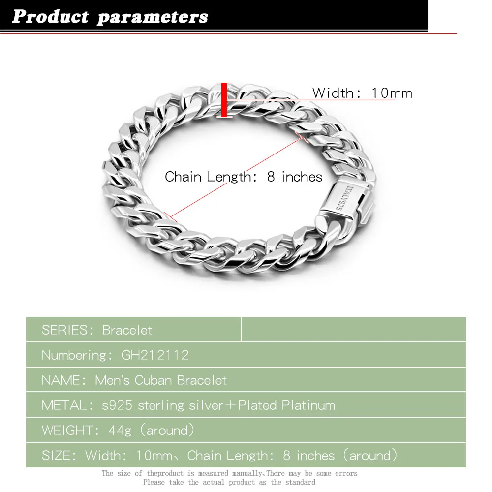 100% 925 Silver Bracelet Men's Classic 10MM Cuban Chain Hip Hop Rock Style Accessories Fine Jewelry Safety Buckle With Giftbox