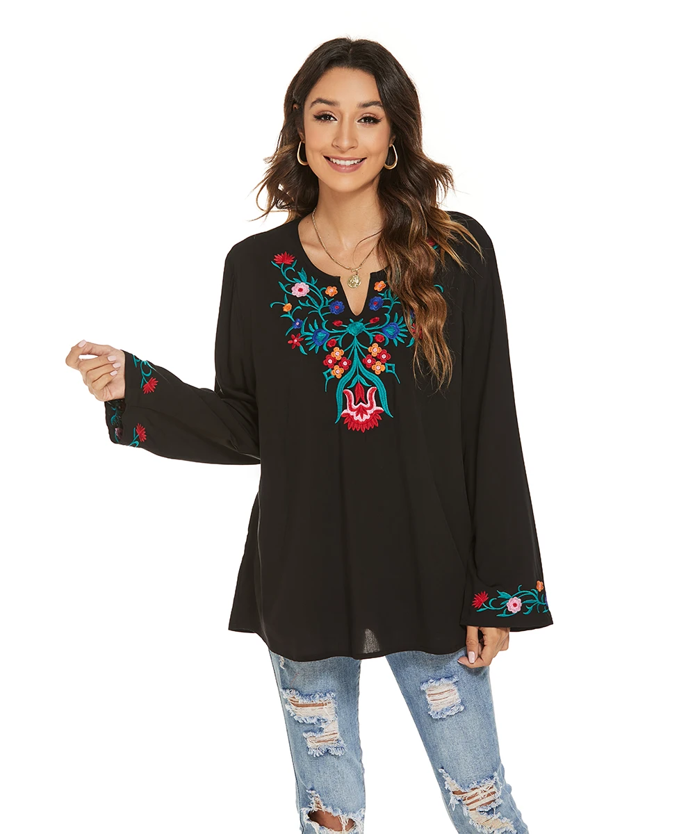 Floral Boho Embroidery Blouse for Women, Mexican Black Vintage Blouse, Long Sleeve, Plus Size, Ethnic Top