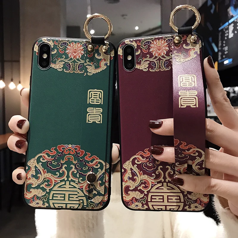 for OPPO Realme 5 6 Pro C15 C11  X2 Pro XT C2 U1 Reno 4 2 3 Phone Case 3D Emboss Art Leaf Flower Wrist Strap Phone Holder Cover