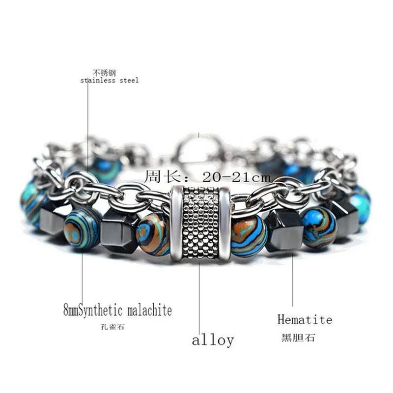 2Pcs/Set Natural Chakra Energy Stone Health Slimming Magnetic Therapy Men\'s Beaded Stainless Steel Bracelet Biomagnetic Bracelet