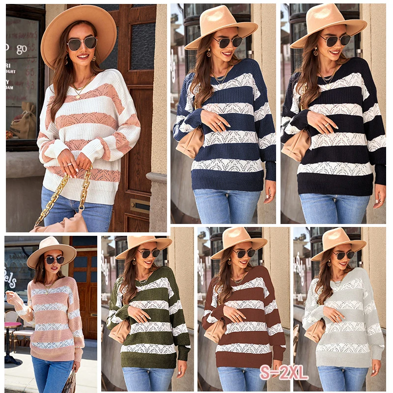 

Striped sweater Ladies casual loose hedging O-neck versatile knitted top sweater Autumn long-sleeved chic knitted sweater