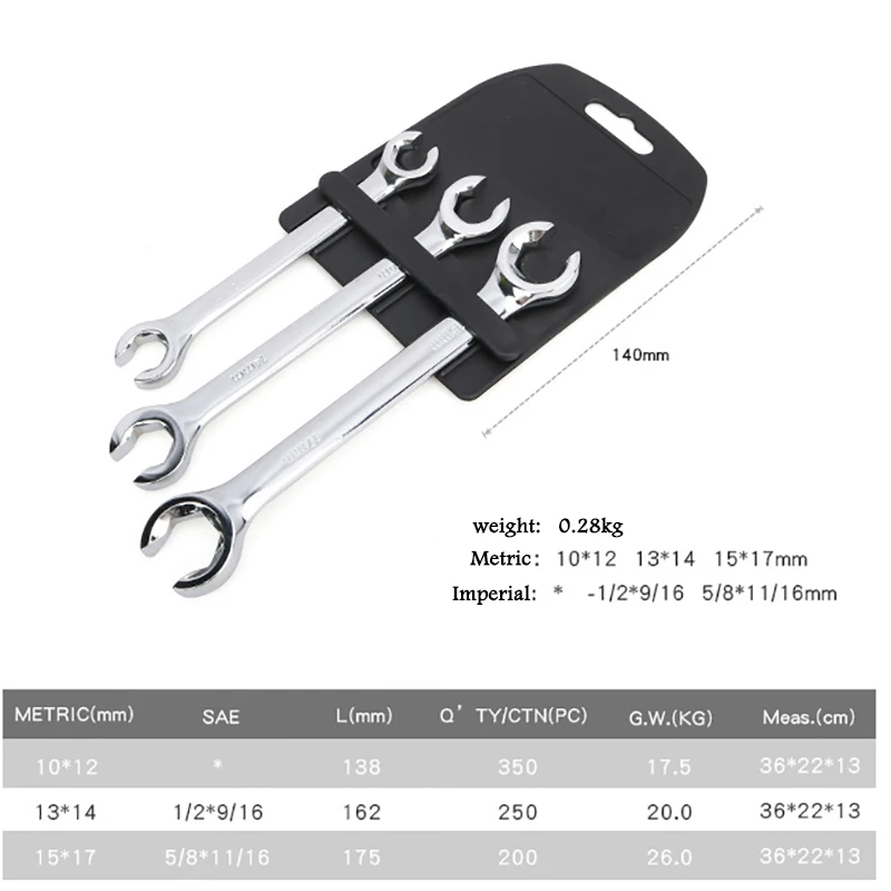 3Pcs 10-17mm Oil Pipe Flare Nut Wrench Set Of Keys Multitools Full Polish High Torque Hand Tool Brake Wrench For Car Repair