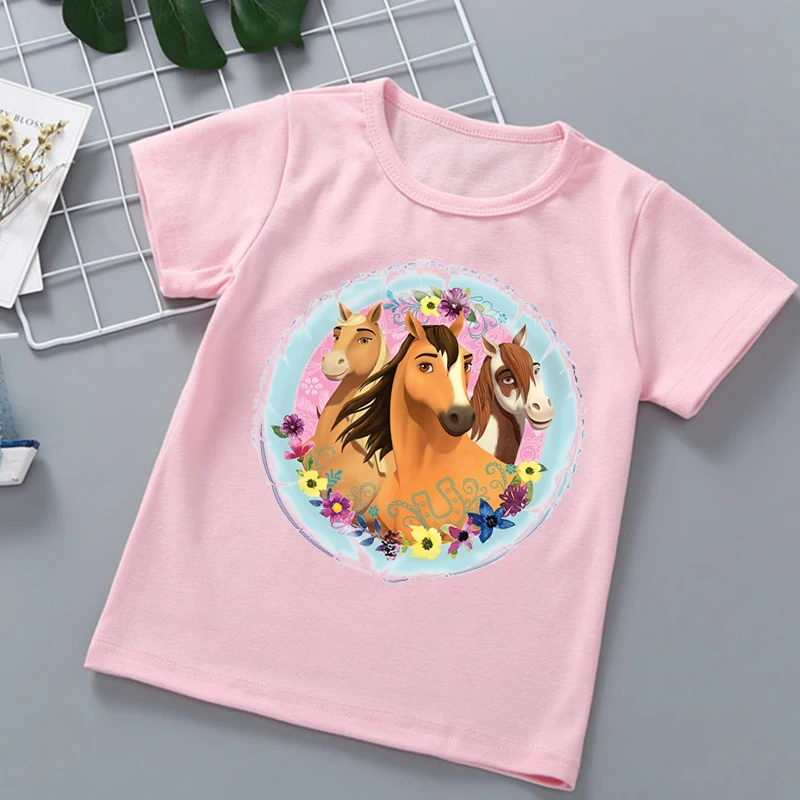 New hot sale children's tshirts Mustang spirit cartoon print girls t-shirts fashion trend baby girls t shirts pink clothing tops